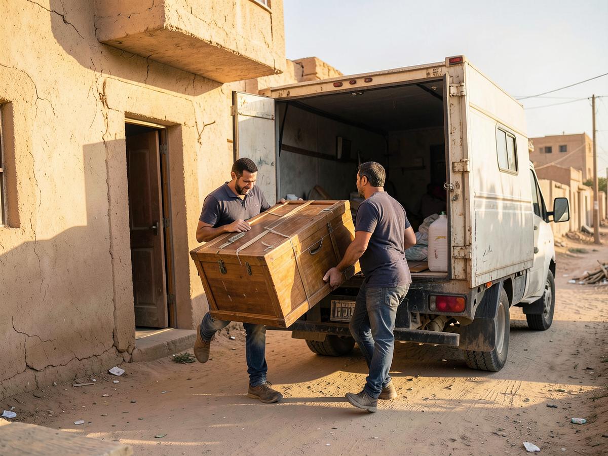فريق نقل يحمل قطعة أثاث مستعملة من منزل في تبوك